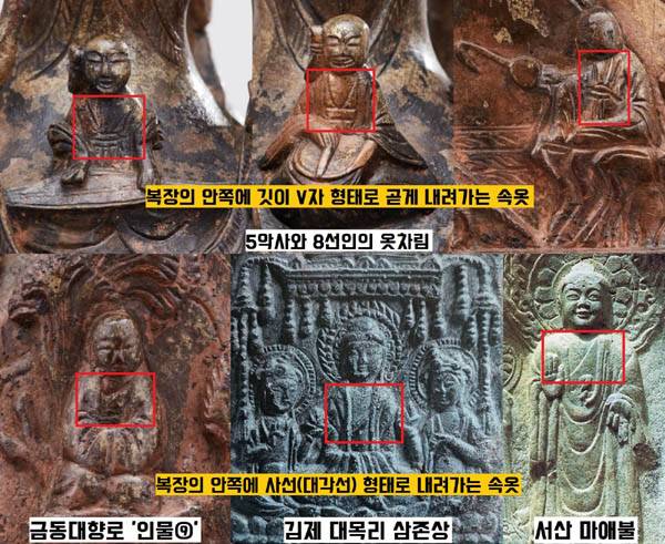 다섯 악사와 다른 선인들은 소매가 넓고 길이가 긴 복장의 안쪽에도 깃이 곧게 내려가는 속옷을 입었다. 그러나 ‘인물 ⑨’ 옷 꾸밈새(복식)는 속옷이 대각선으로 표현되고 있다. 이를 두고 전형적인 불상과 승려의 옷차림이라는 견해가 나왔다.