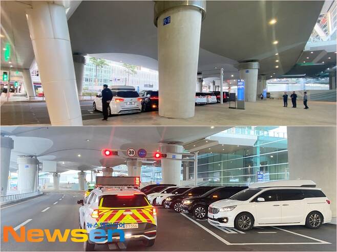‘5대 불법 주·정차’에 해당하는 버스정류장 10m이내 주차구역에 불법 주차한 엘즈업(EL7Z UP) 멤버들의 차량 7대를 공항 직원이 단속하고 있다.