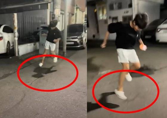 마치 공중부양을 하는 것처럼 보이게 빠르게 발재간을 하는 춤, 이른바 '슬릭백'으로 틱톡에서 2억뷰의 조회 수를 기록한 대구 용산중학교 3학년 이효철 군의 모습. 사진 유튜브 '근황올림픽' 캡처