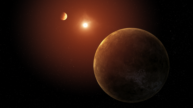 지구에서 4672광년 떨어진 ‘케플러-385 행성계’에서 중심 별(가운데 밝은 점)과 가까운 궤도를 돌고 있는 암석 행성 2개의 상상도. 미국 항공우주국(NASA) 제공