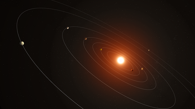 ‘케플러-385 행성계’에 소속된 행성 7개가 공전하는 상상도. 미국 항공우주국(NASA) 제공
