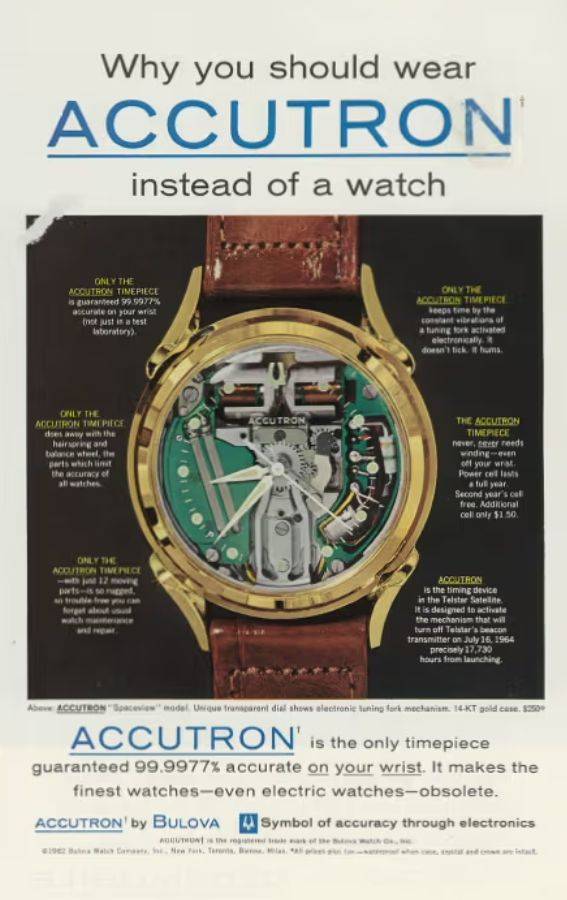 1960년대 출시된 부로바(Bulova)의 아큐트론. 쿼츠의 선조 격인 최초의 전지시계로, 세이코(Seiko)의 '아스트론'과 함께 한때 명품 시계 시장을 무너뜨린 '쿼츠 파동'의 상징같은 모델로 꼽힌다. (사진=Bulova 홈페이지 캡처) *재판매 및 DB 금지