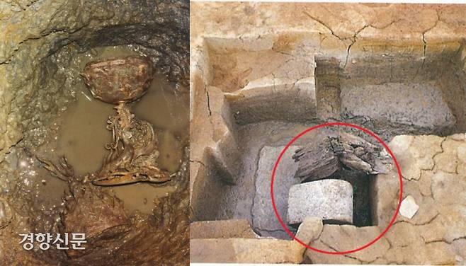 사찰의 공방에 물을 공급하던 구유형 물통에서 확인된 금동대향로(왼쪽)과 절터 목탑터에서 도끼 같은 흉기로 잘린 탐 중심기둥과, 비스듬히 누워있었던 명문 석조사리감이 수습됐다. 아수라장이었던 백제 멸망 순간을 짐작케한다.|국립공주박물관 제공