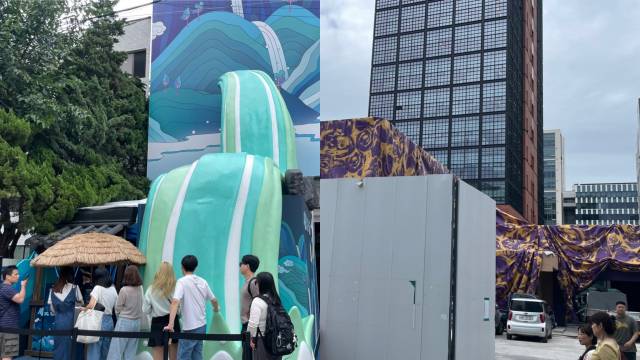 팝업스토어의 화려한 인테리어들과 그 앞에 줄지어 선 사람들의 모습. 사진=김은미, 차민주 인턴기자