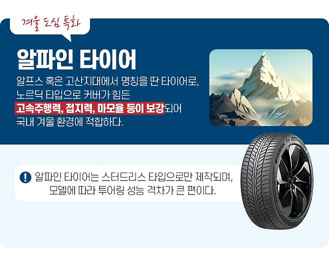 겨울 도심 특화 알파인 타이어 알프스 혹은 고산지대에서 명칭을 딴 타이어로, 노르딕 타입으로 커버가 힘든 고속주행력, 접지력, 마모율 등이 보강되어 국내 겨울 환경에 적합하다. ! 알파인 타이어는 스터드리스 타입으로만 제작되며, 모델에 따라 투어링 성능 격차가 큰 편이다.