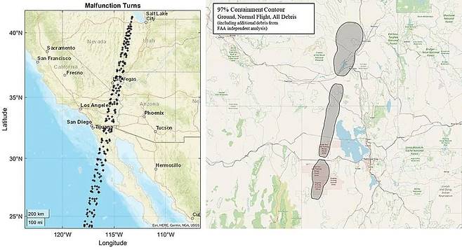 바르다는 안전 분석 문서에서 위네바고 우주선이 지구 재진입 과정에서 오작동할 경우 충돌할 수 있는 지역(왼쪽)과 항공기 탑승자가 영향을 받을 수 있는 지역(오른쪽)을 예상했다. 최악의 경우에도 피해가 NASA의 안전 기준 밑으로 나왔다./Varda