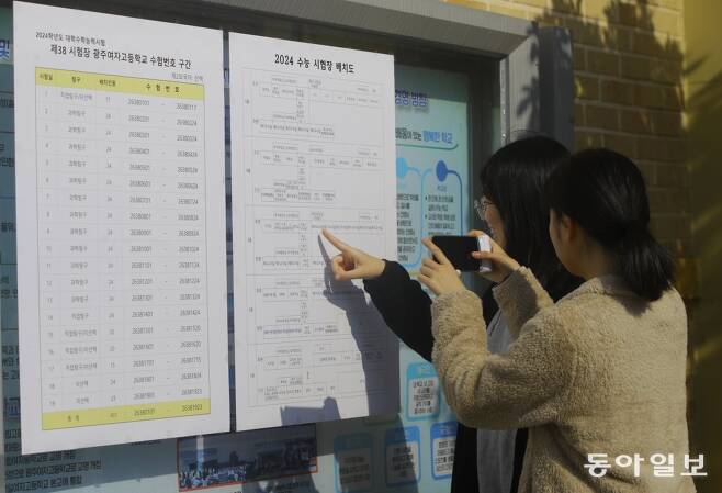 광주 서구 광주여고에서 수험표를 받은 고3 수험생들이 수능시험을 치룰 고사장 위치를 확인하고 있는 모습입니다. 박영철 기자 skyblue@donga.com