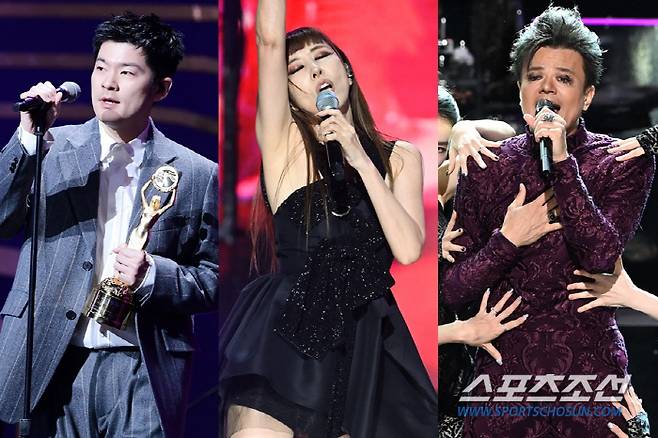 지난 24일 서울 영등포 여의도 KBS홀에셔 열린 제44회 청룡영화상에서 축하무대를 꾸민 장기하, 김완선, 박진영(왼쪽부터). 스포츠조선DB