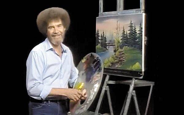 밥 로스가 1990년대 ‘그림 그리기의 기쁨’ 이라는 TV 프로그램에서 풍경화를 초고속으로 완성하면서 그림 기법을 설명하고 있는 모습. /미국 PBS TV