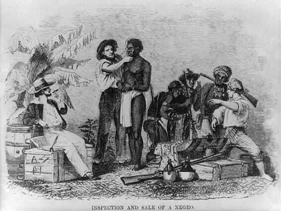 흑인 노예의 신체를 검사하여 판매하고 있는 장면. 1854년 출판된 판화 인쇄물. /Library of Congress  LOT 4422-A-1