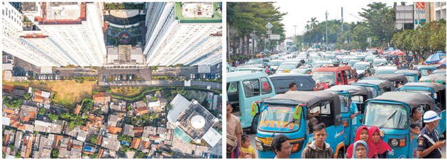 고층 아파트와 단층 주택이 혼재하는 자카르타 시내의 모습(왼쪽 사진). 자카르타 시내의 도로가 자동차들로 가득 차 있다(오른쪽).
