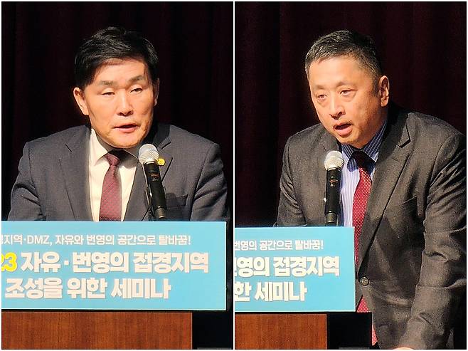 ‘자유·번영의 접경지역 조성을 위한 세미나’에서 접경지역시장군수협의회 회장을 맡고 있는 문경복(왼쪽) 옹진군수와 김성수(오른쪽) 서울신문 상무가 축사를 하고 있다.