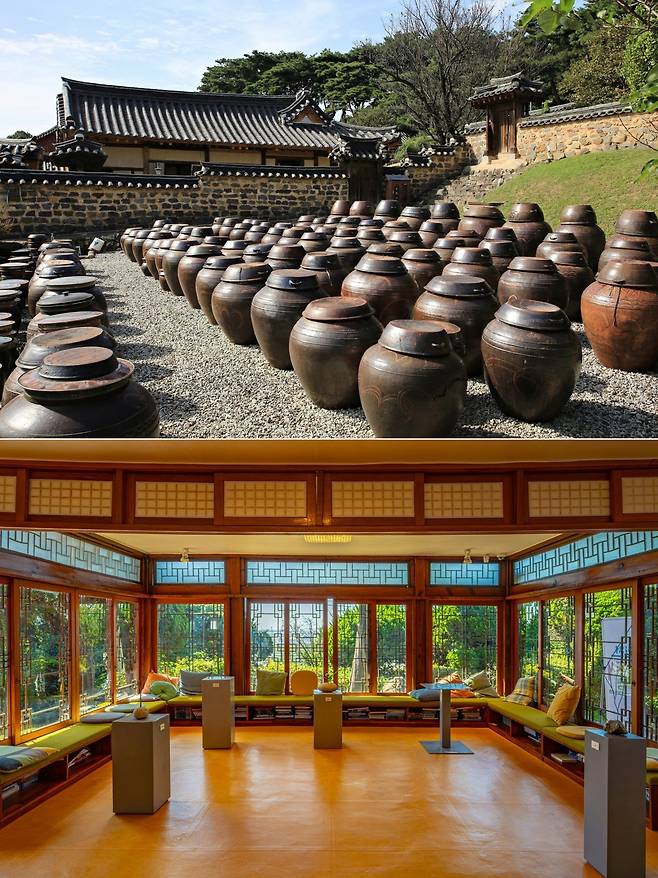 논산 명재고택의 명물인 장독대. 명재고택은 보존 상태가 양호한 조선 양반 주택의 가치에 실용성과 과학적 원리가 돋보이는 한옥으로
꼽힌다(위 사진). 인천시민애집 ‘1883모던하우스’의 사랑채 쉼터. 일본인 사업가가 일제 강점기 때 지어 이후 시장 관사로
사용했던 근대식 한옥이다. 사진|한국관광공사