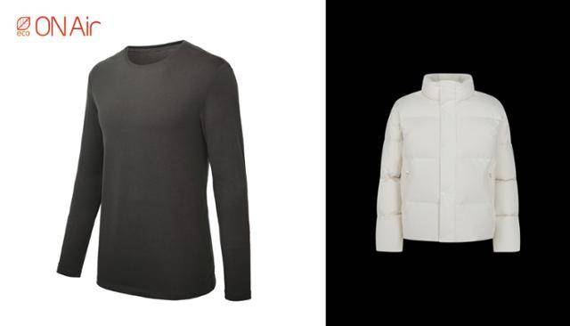 탑텐의 인기 제품 온에어 모이스처웜 크루넥 긴팔티(왼쪽 사진)와 슈퍼 에어 하이넥 숏다운 점퍼. 신성통상 제공