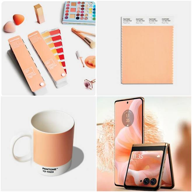 팬톤 올해의 컬러 컬래버레이션 사례. 왼쪽 위부터 시계방향으로 뷰티, 섬유, 생활용품, 모토롤라 휴대폰.