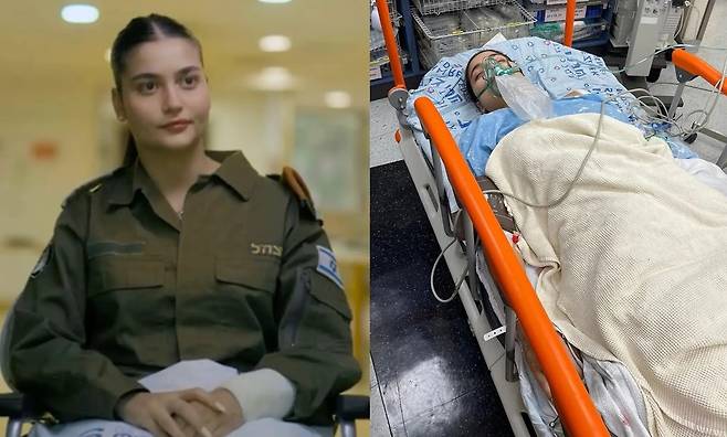 하마스로부터 12발의 총상을 입고 회복한 에덴 램 중위가 인터뷰에 응하고 있다.