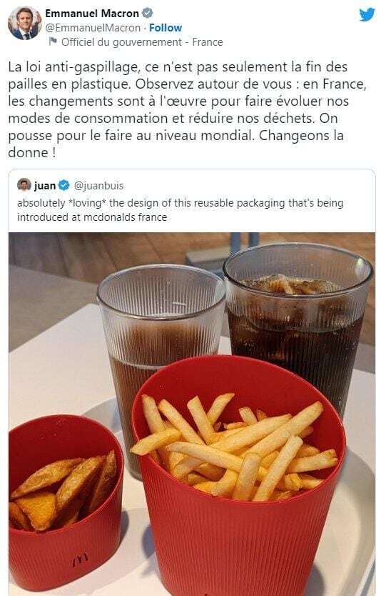 마크롱 대통령이 자신의 SNS에 순환경제법을 홍보하며 올린 맥도날드의 감자튀김 통 사진/트위터