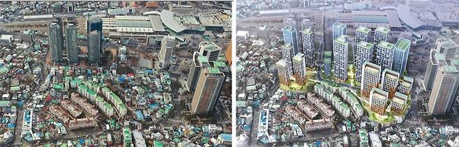 국토교통부는 2021년 2월 5일 ‘서울역 쪽방촌의 현재와 미래전국 최대 서울역 쪽방촌, 명품 주거단지로 재탄생’란 제목의 보도자료를 냈다. 쪽방과 일반주택 세입자를 위한 임대주택 1250호 공급 계획을 포함했다. 이 공공주택사업은 토지·건물주들의 민간개발 전환 요구로 중단된 상태다. 사진은 2021년 초 당시 동자동과 공공주택사업 조감도. 출처: 국토교통부