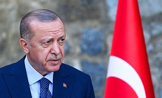 레제프 타이이프 에르도안 터키 대통령이 퇴임을 앞두고 터키를 찾은 앙겔라 메르켈 독일 총리와 지난 16일(현지 시각) 이스탄불에서 만난 뒤 공동 기자회견을 하고 있다. /AFP 연합뉴스