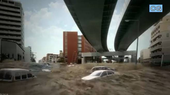 난카이 트로프 대지진 발생 상황을 가정해 NHK가 제작한 CG 동영상. [NHK 캡처]