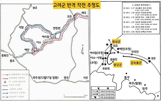 양규 장군 등이 거란군을 무찌른 전투 장소를 특정하기가 어렵다. 연구마다 전투 장소를 추정한 지도 및 그림이 약간씩 다르다. 왼쪽은 국방부전사편찬위의 <여·요 전쟁사>(민족전란사 7, 1990) 추정 지도. 오른쪽은 안주섭의 ‘고려-거란 전쟁사 연구’, 명지대 박사논문, 2001‘의 지도.