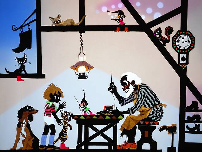 후지시로 세이지가 그림형제 동화를 소재로 만든 그림자 회화 '난쟁이와 구둣방'. /케이아트커뮤니케이션