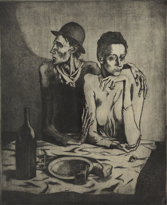 파블로 피카소는 그가 가장 불우했던 '청색 시기(Blue Period, 1901~1904)'에 이 '검소한 식사(The Frugal Meal, 1904)'를 판화로 만들었다. 스페인 티센-보르네미사 박물관 측은 ″지독한 궁핍과 알코올의존증의 표현'이라 평하고 있다. [사진=티센-보르네미사 박물관]
