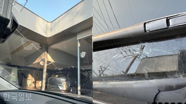 고드름이 떨어진 충격으로 김씨의 차량 앞 유리에 일자로 금이 갔고(왼쪽 사진), 와이퍼 쪽 송풍구 근방에도 긁힘이 생기는 등 차체가 파손됐다. 독자 제공