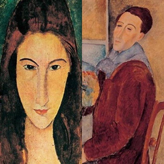 눈동자가 그려진 모딜리아니의 뮤즈, 그의 연인 잔 초상화(왼쪽). 반면 한 점뿐인 그의 자화상에는 눈동자가 없다. 모딜리아니는 죽기 직전 해인 1919년도에 이 그림들을 그렸다.