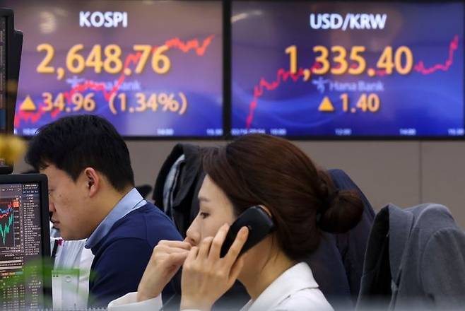 6일 오후 서울 중구 하나은행 딜링룸 모습. ⓒ뉴시스