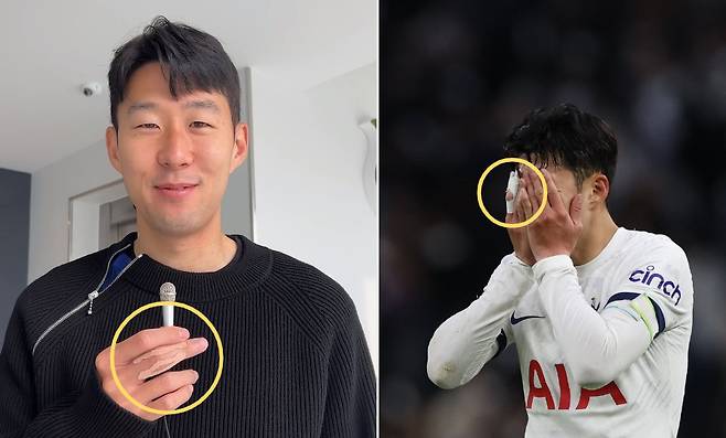 손흥민이 테이프만으로 부상 손가락을 고정해놓은 최근 모습(왼쪽)과 손가락 상태가 좋지 않아 부목과 붕대를 이용해 단단히 고정해놨던 과거 모습 비교. /사진=토트넘 홋스퍼 공식 인스타그램, 뉴스1