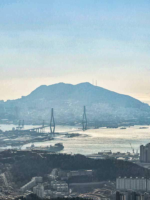 사자봉에서 바라본 부산항대교와 영도 봉래산.