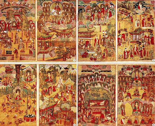 보물 제1330호 예천 용문사 팔상도. ①‘비람강생상’과 ‘도솔래의상’ ②‘유성출가상’과 ‘사문유관상’ ③‘수하항마상’과 ‘설산수도상’ ④‘쌍림열반상’과 ‘녹원전법상’(사진=문화재청).