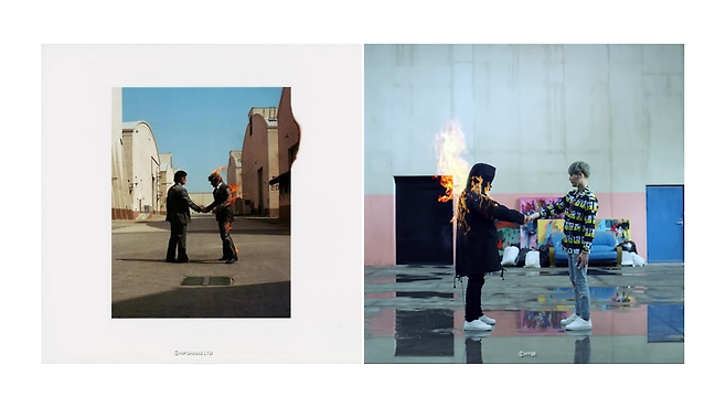 핑크 플로이드 9집(좌)과 BTS '불타오르네' 뮤직비디오의 한 장면 / 힙노시스, 하이브