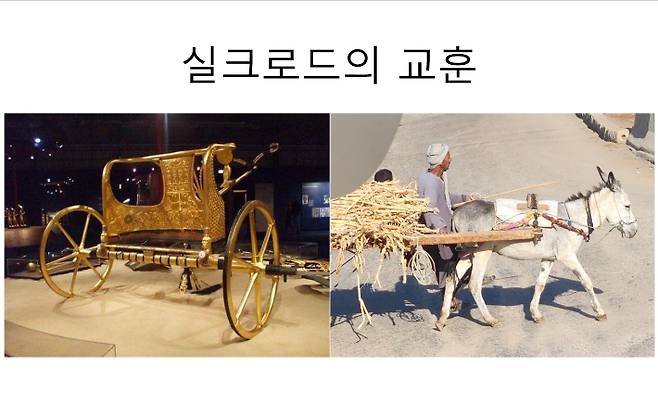 이집트 신왕조시대 파라오들이 탔던 황금마차의 디자인이 세련됐다. 오른쪽은 현대의 이집트 도시를 지나가는 노새가 끄는 마차의 모습. 두 개 사진의 장면이 극적인 대비를 이룬다. 경북대 박물관 제공