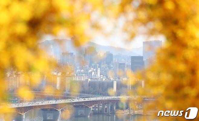 낮 최고 온도 20도를 넘긴 24일 서울 성동구 응봉산에 개나리가 활짝 핀 가운데, 강남 도심이 맑은 날씨를 보이고 있다. 2024.3.24/뉴스1 ⓒ News1 김성진 기자