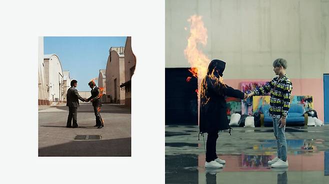 핑크 플로이드 9집(좌)과 BTS '불타오르네' 뮤직비디오의 한 장면 / 힙노시스, 하이브