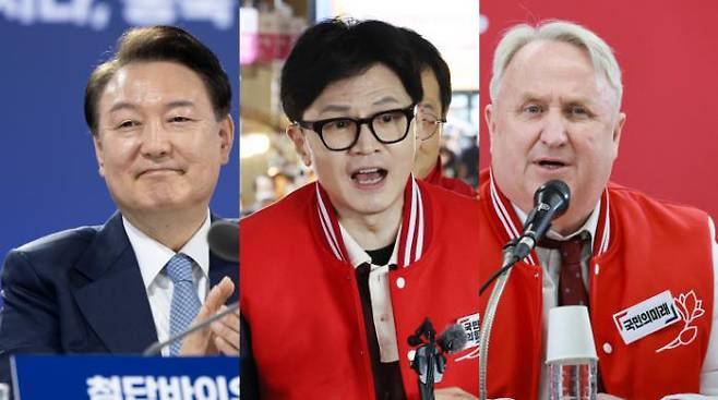 왼쪽부터 윤석열 대통령, 한동훈 국민의힘 비상대책위원장, 인요한 국민의미래 선거대책위원장