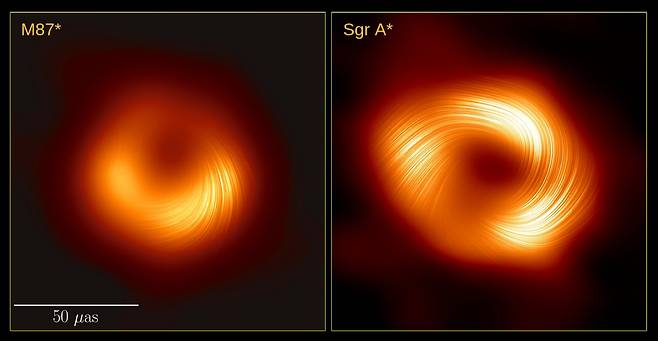 ‘사건의 지평선 망원경(Event Horizon Telescope·EHT)’ 국제 공동연구팀이 포착한 M87 블랙홀(왼쪽)과 우리 은하 블랙홀(오른쪽)./한국천문연구원