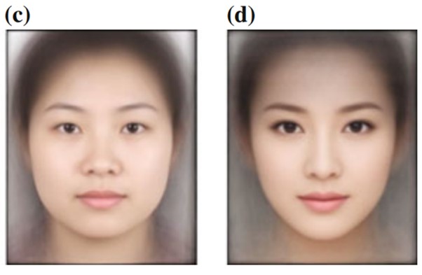 (c) 아시아인 여성 평균 얼굴 / (d) 매력적인 아시아인 여성 평균 얼굴 [사진=D. Zhang et al., Computer Models for Facial Beauty Analysis]