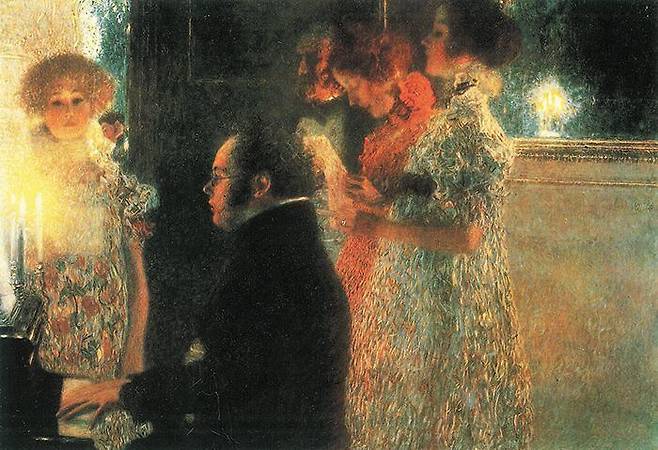구스타프 클림트, 피아노 앞의 슈베르트, 1899년, 캔버스에 유채, 150×200㎝, 1945년 화재로 소실.