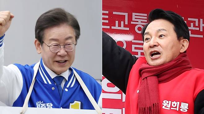 인천 계양을에 출마한 더불어민주당 이재명 (왼쪽) 후보와 국민의힘 원희룡 후보가 공식선거운동이 시작된 2024년 3월 28일 오전 거리 유세를 하고 있다./뉴스1