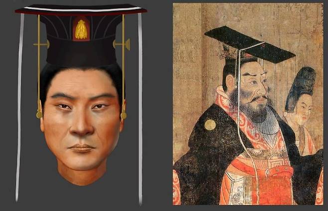 6세기 중국 북주 무제의 복원된 얼굴(왼쪽)과 7세기에 제작된 '역대제왕도'의 무제 [Pianpian Wei 제공. 재판매 및 DB 금지]