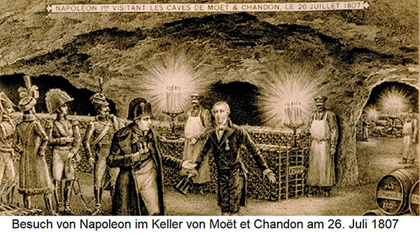 1807년 장-레미 모엣의 지하 셀러를 방문한 나폴레옹. 나중에 모엣 & 샹동 엽서로 재현된 익명의 판화 작품.