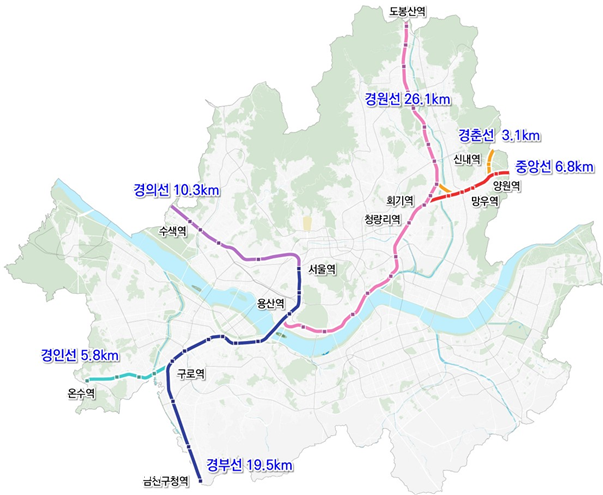 서울 철도지하화 검토 구간(71.6㎞)/자료=국토교통부