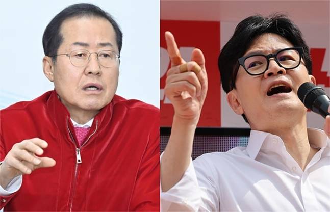 (왼쪽부터)홍준표 대구시장. 국민의힘 한동훈 비상대책위원장 겸 총괄 선거대책위원장(연합뉴스)