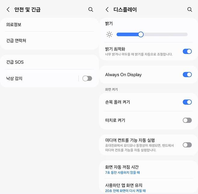 낙상 감지·긴급 SOS 기능(왼쪽)과 디스플레이 설정 부문. 사진=구자윤 기자