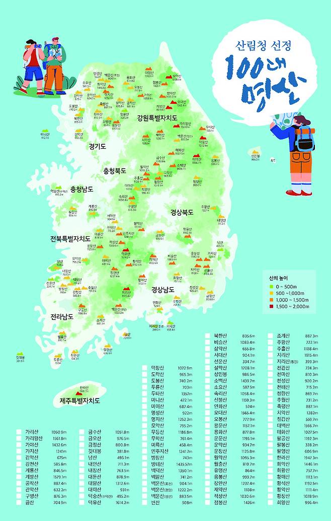 산림청 선정 대한민국100대명산 지도. 산림청