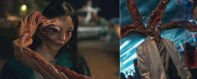 전소니(왼쪽)의 몸속에 침투한 기생생물 ‘하이디’의 촉수가 튀어나오는 모습을 컴퓨터그래픽으로 재현했다. 사진제공|넷플릭스