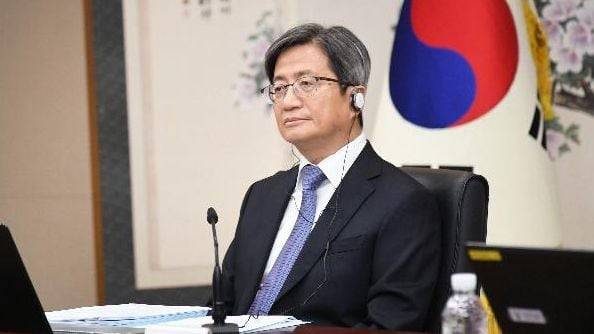 김명수 대법원장이 16∼17일 홍콩 종심법원(최고법원)이 화상으로 주최한 제18차 아시아·태평양 대법원장 회의에 참석하고 있다./대법원 제공